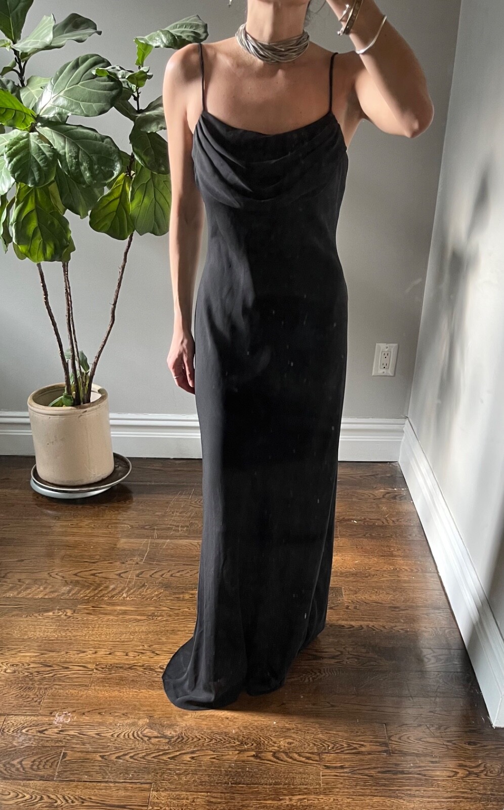 Vintage Onyx Nite Spaghetti strap, Column Black gown. Chiffon Prom Sz6 90s Y2K