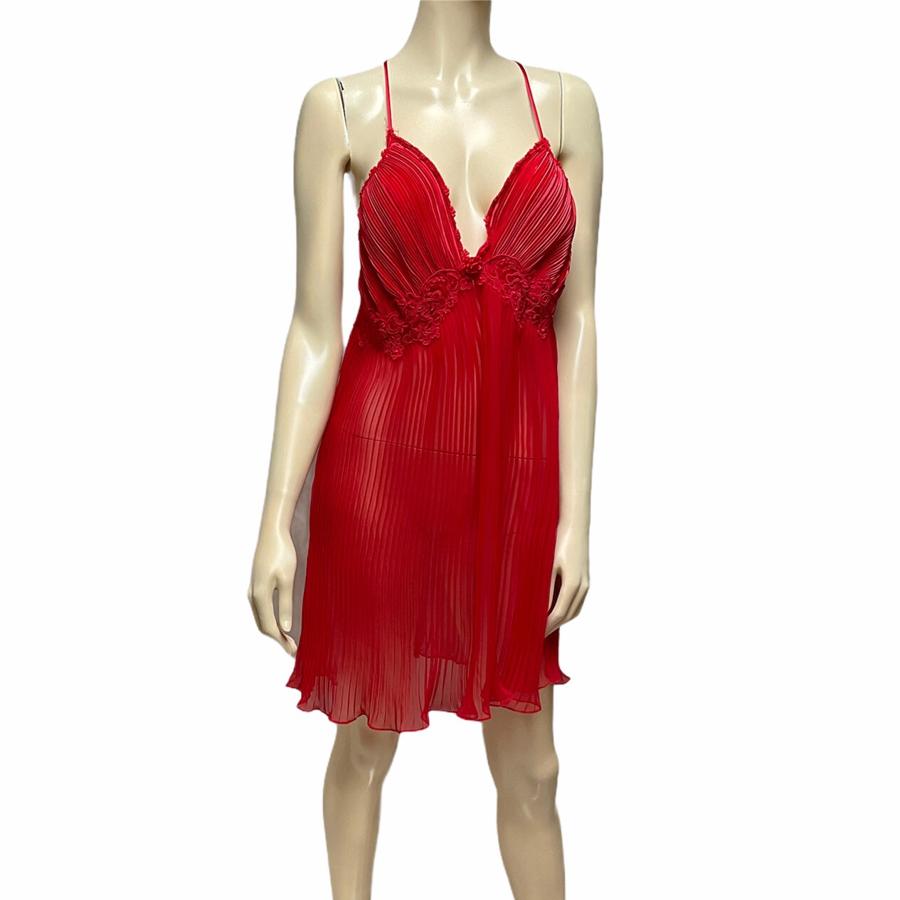 Intime California Nightgown Sheer Red Crystal Pleat Babydoll Gown Lingerie Vtg L