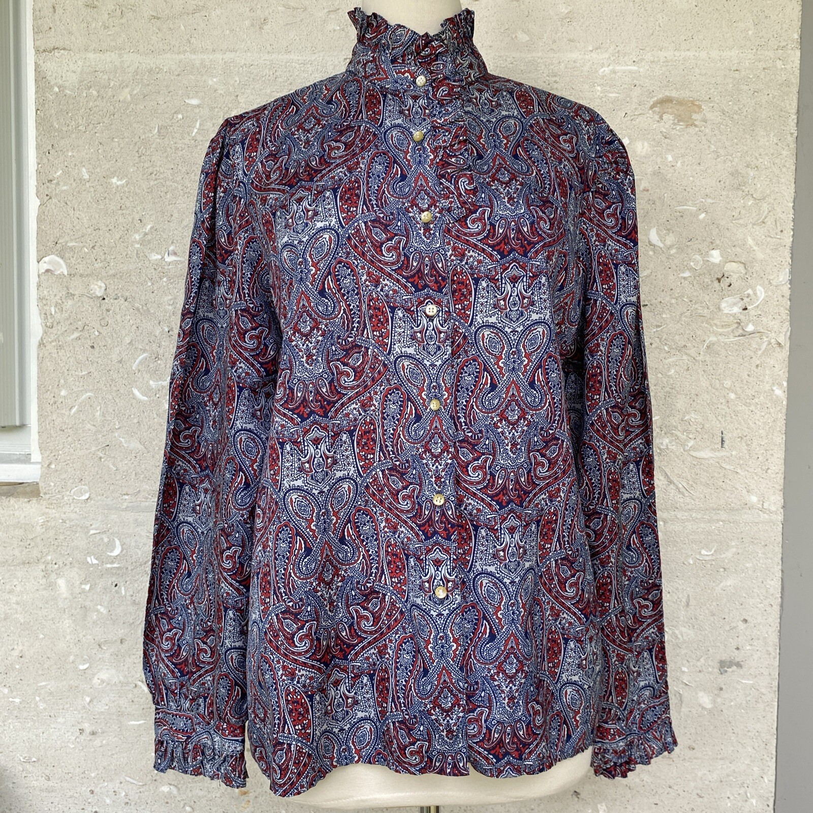 Vintage Secretary Blouse Shirt Large Red White Blue Paisley Ruffle Neck 70s 80s