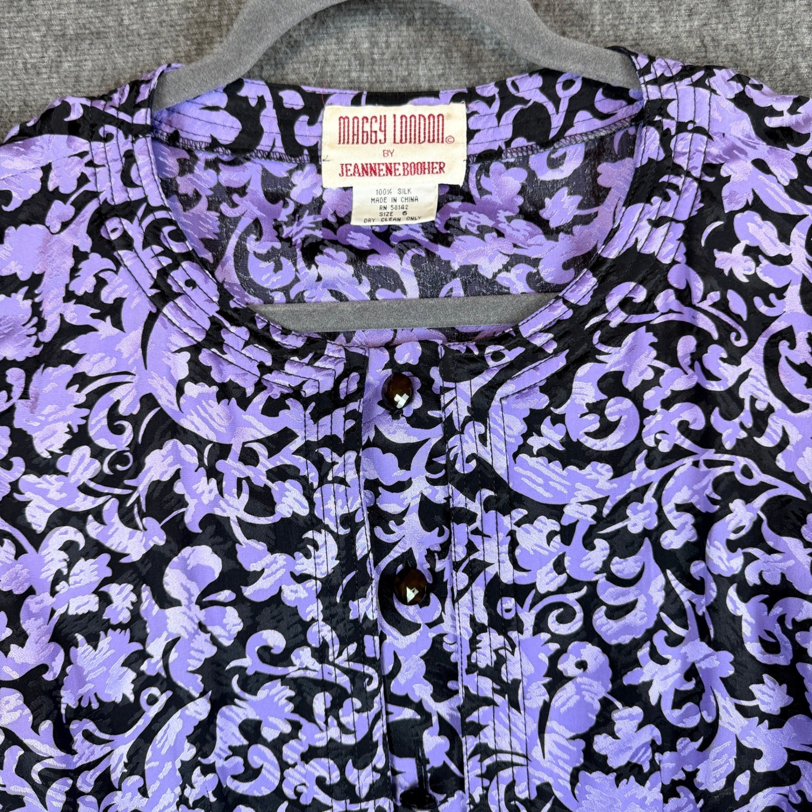 Maggy London Silk Peplum Blouse Vintage 1980s Jeannenen Booher Purple Black 4361