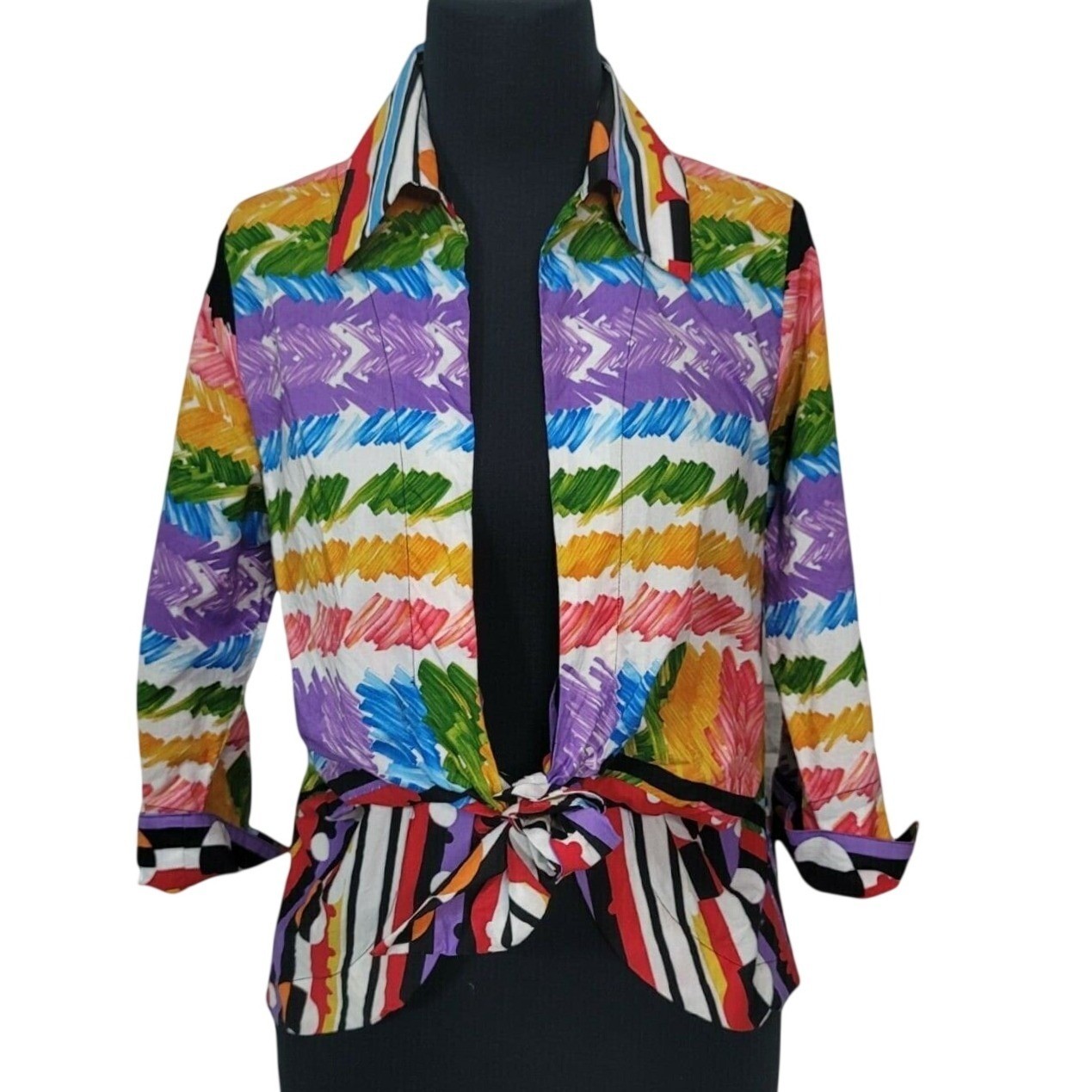 Mischa Womens Colorful Abstract Print Tie Open Front Cotton Popover Blouse M