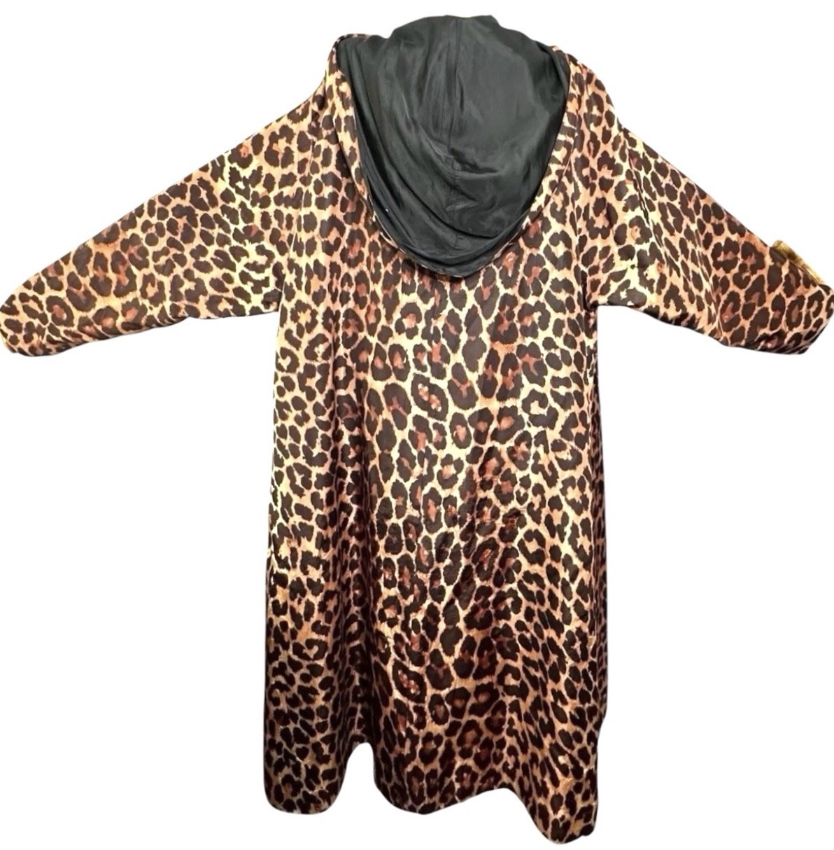 1950s Reversible Silk Satin Duster Coat Leopard Print Hooded Pockets