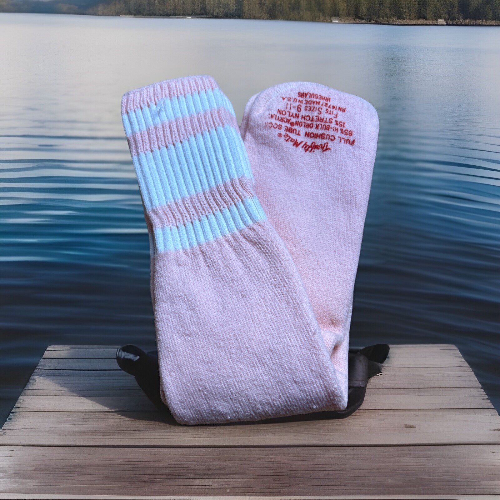 VTG Thrifty Mate Socks White Striped 9-11 Acrylic Tube NOS 80s Irregulars Pink
