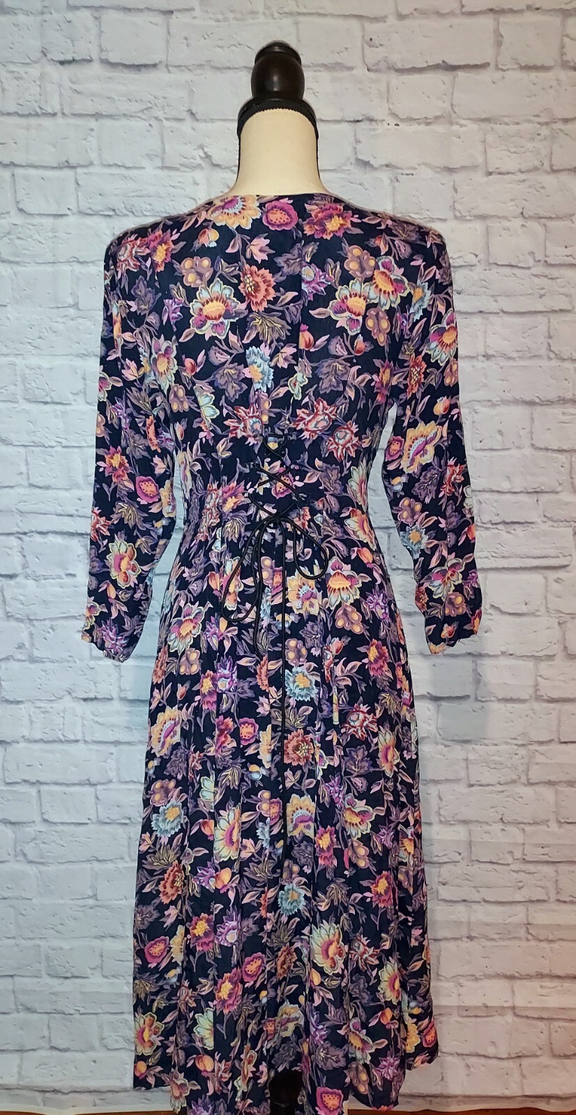 Vintage Starina Rayon Multi Floral Corset Back Lined Boho Midi Dress Size Small