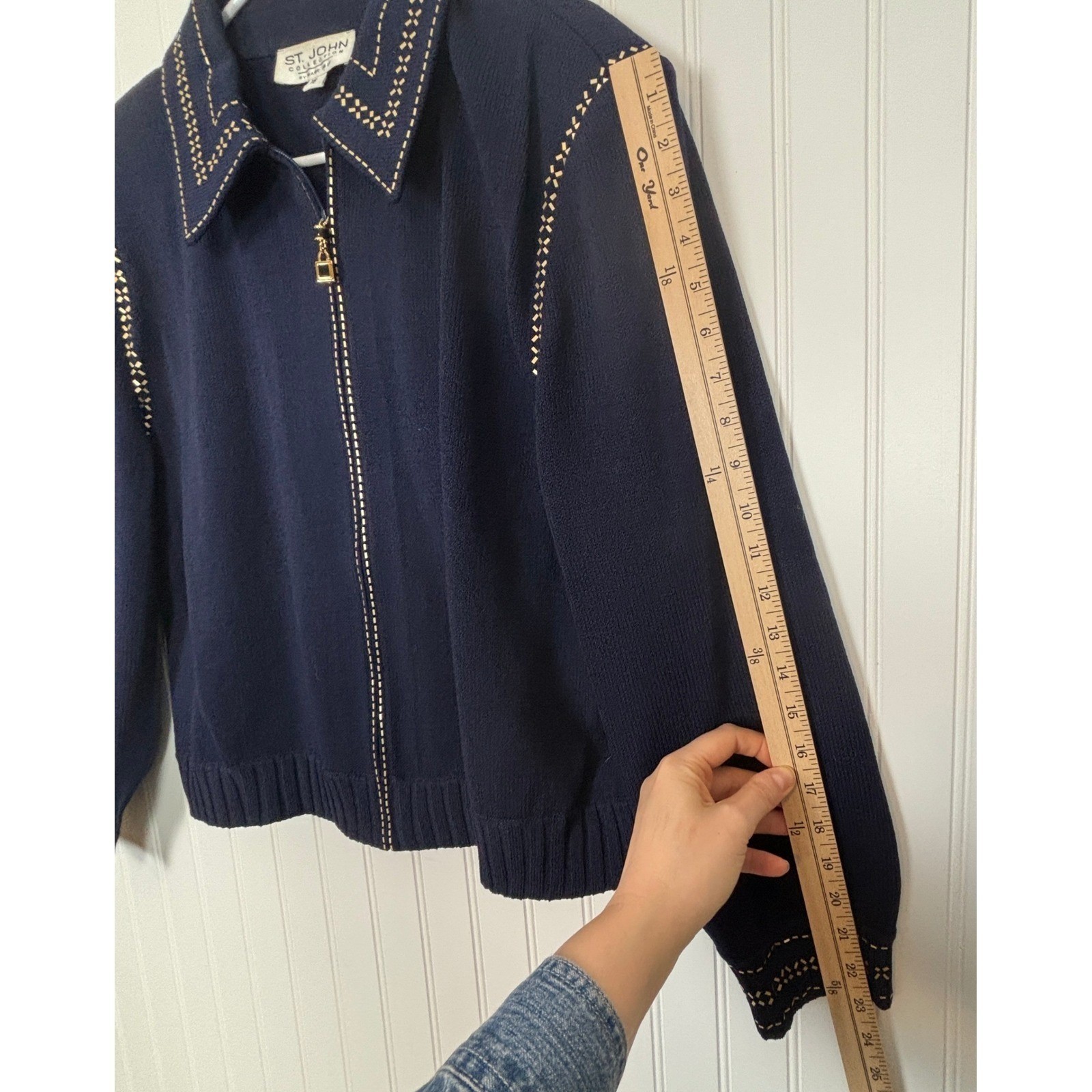 Vintage St. John Collection Knit Jacket Women 16 Navy Blue Gold Studded Zip Up