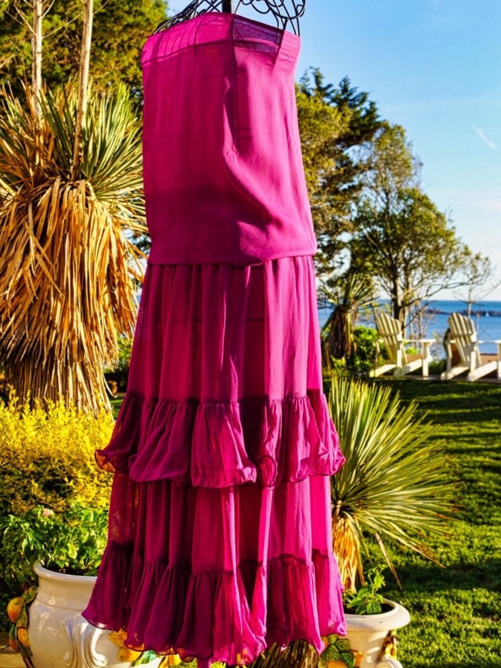 VINTAGE 1980s Pancaldi & B. Italy Silk Tiered Skirt Set – Size 0 (Fuchsia)