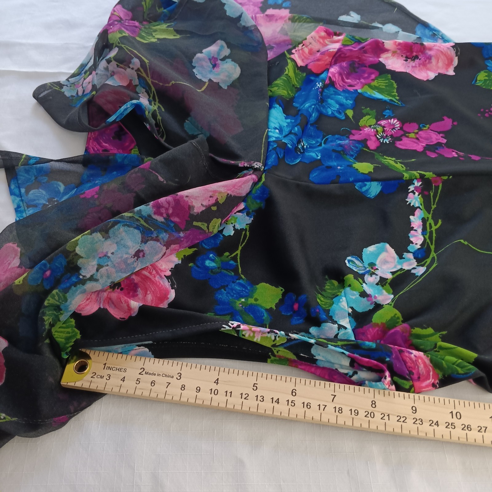 Vintage Floral Cape Sleeve Secretary Dress Black Pink Blue Chiffon Belted Sheer