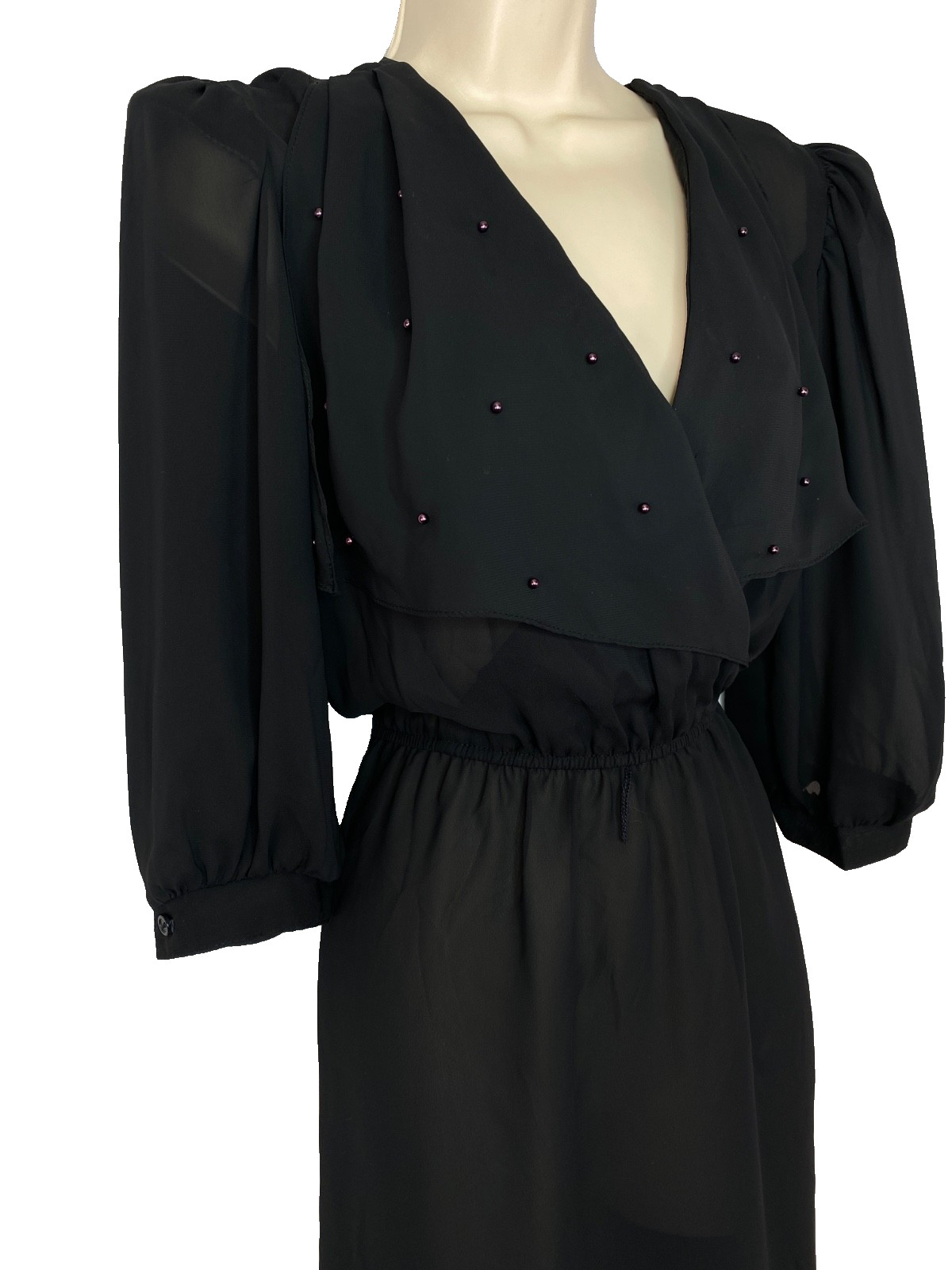 Vintage 1970s black sheer beaded midi dress puffed 1/2 sleeve embellished collar