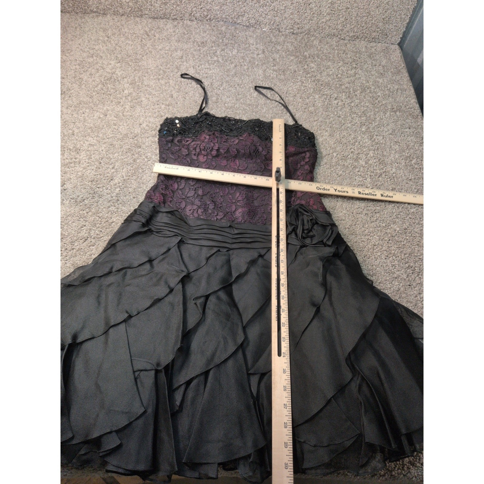 Tadashi Shoji Vintage 100% Silk Lace Sequin Tiered Ruffle Dress Black Plum 10P