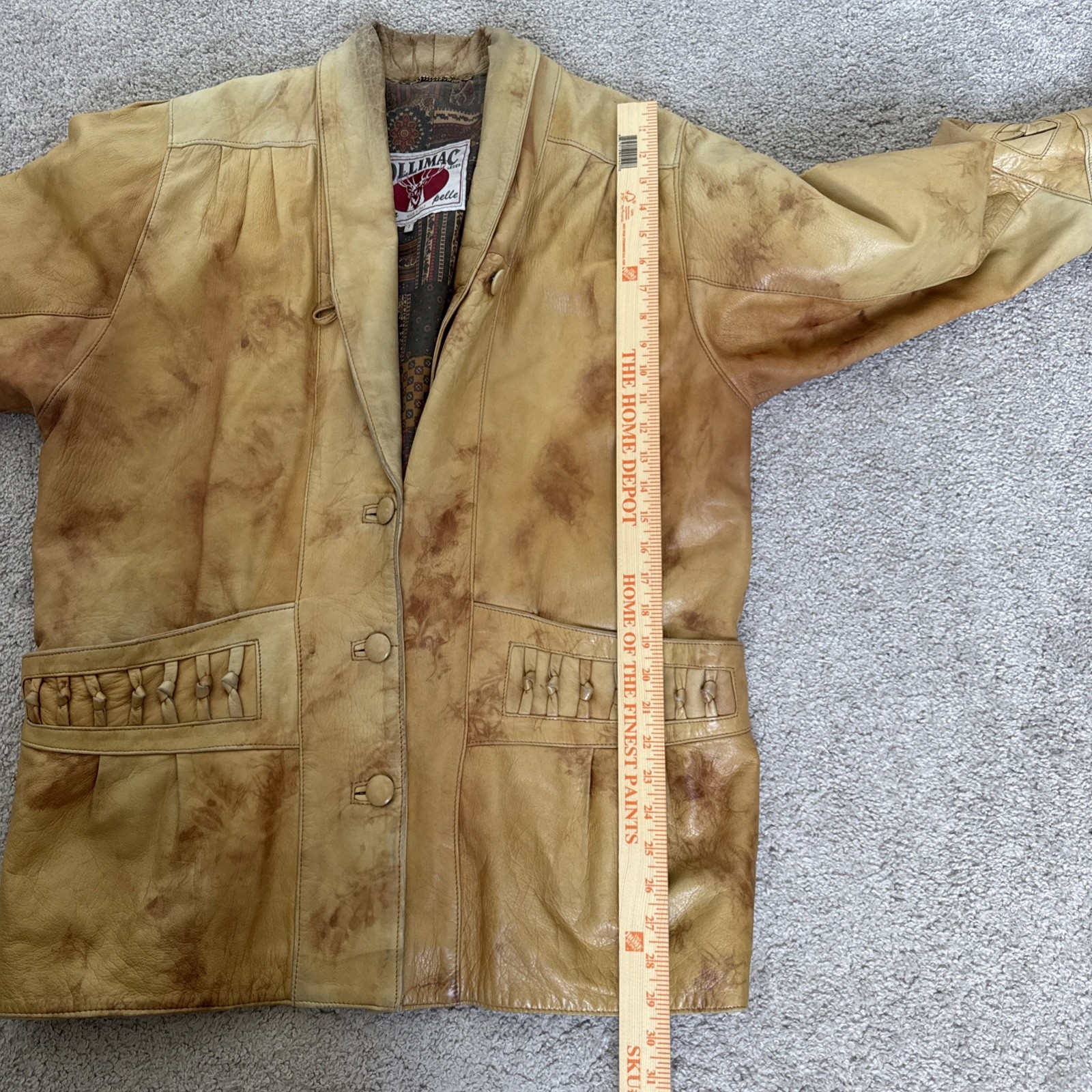 Vintage 70s/80s Tan Leather Jacket Sz S Oversized Ruched Shoulders Knot Details