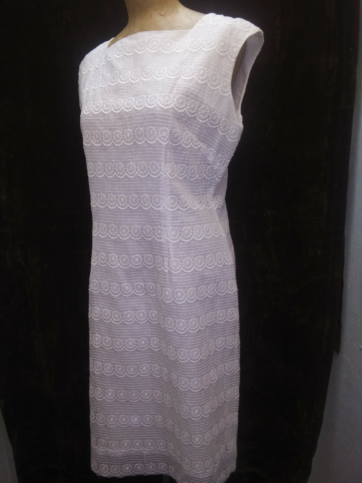 Vintage 1960’s White Embroidered Cotton Shift Sundress by Alice Size Medium