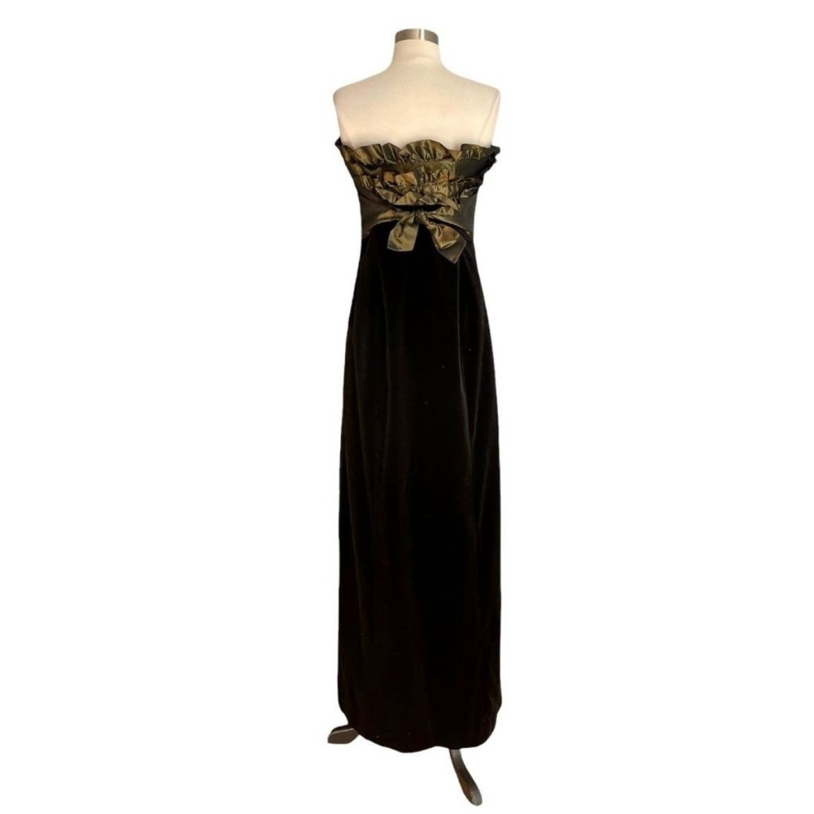 Vintage 90s Laura Ashley Black Velvet Gown Dress w/Olive Green Ruffle Trim S