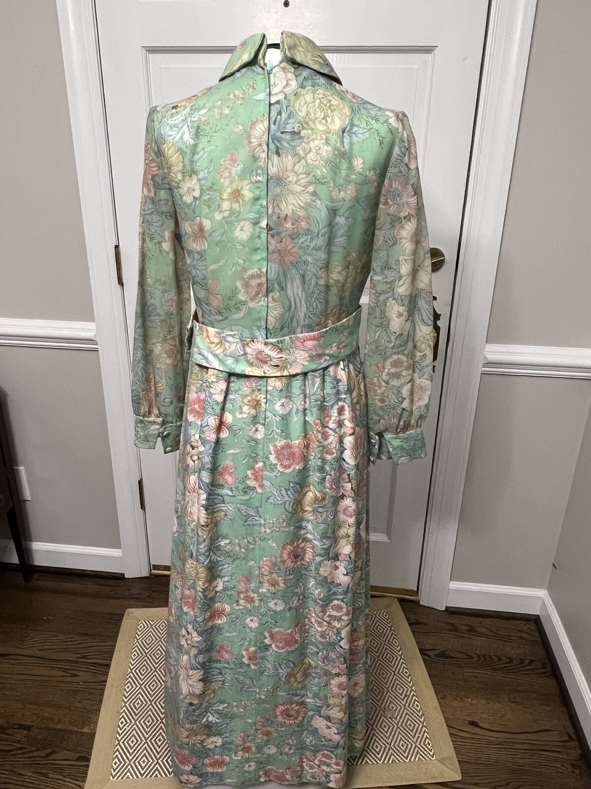 Vtg Eleanor Brenner Floral Long Sleeve 60’s Maxi Dress, Ruffles 32” Waist MCM