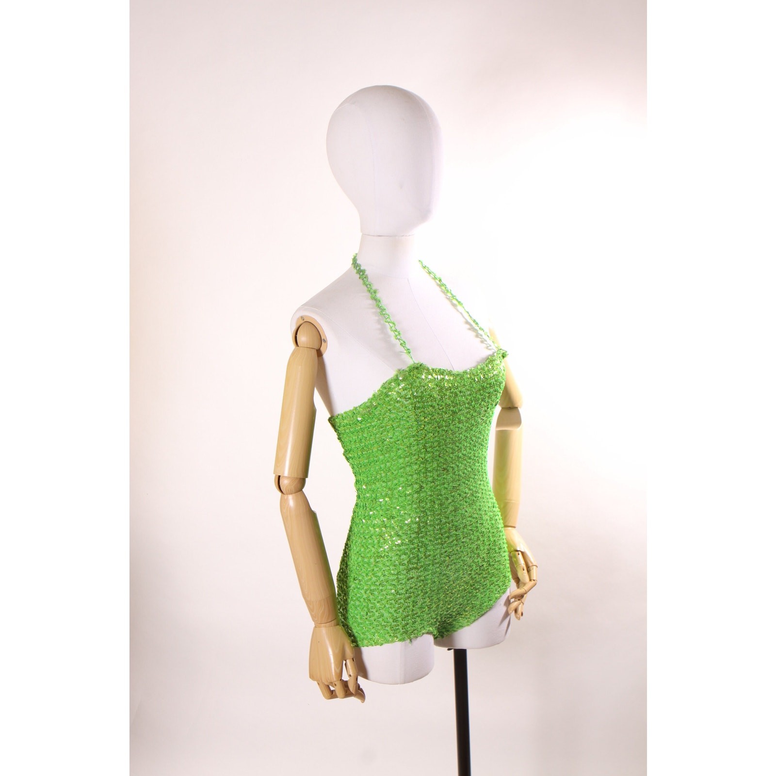 1960s Green One Piece Stretchy Sequin Halter Neck Burlesque Showgirl Costume
