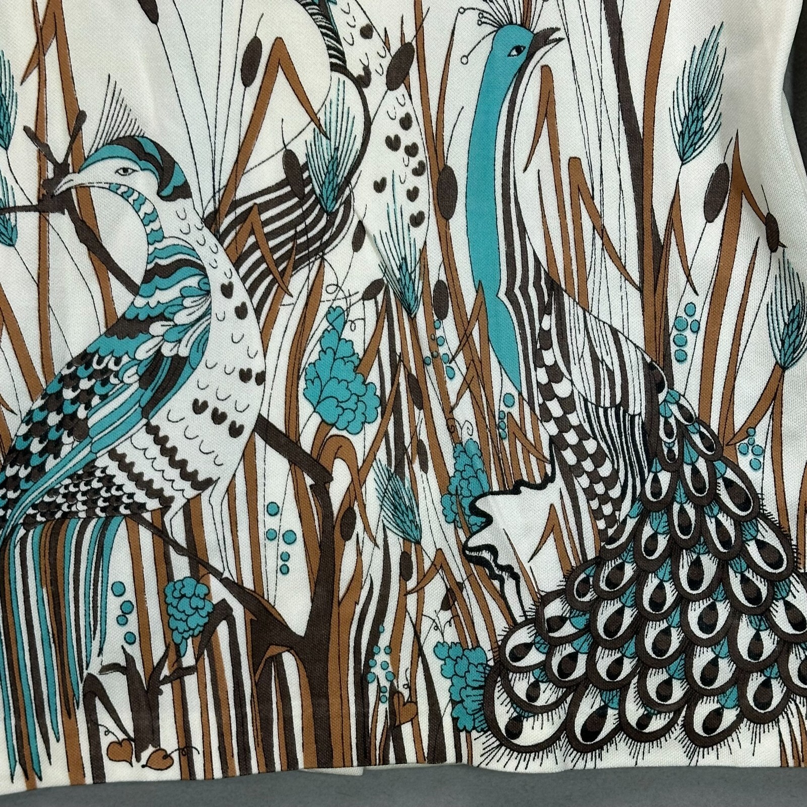 Vintage 70s Disco Shirt Womens M Polyester Peacock Feathers Teal Fall Holiday