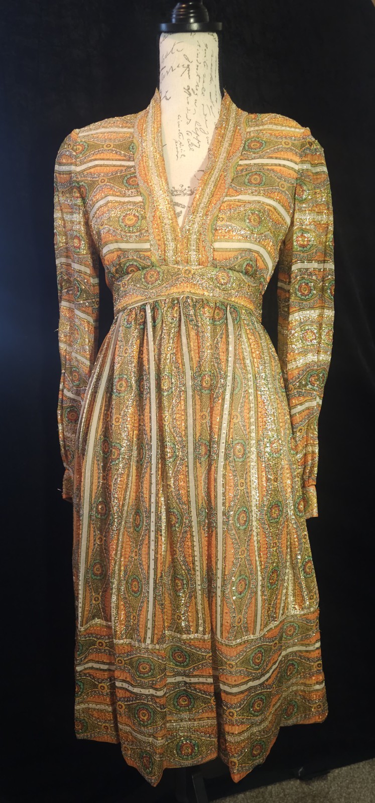 Vintage ILGWU Metallic Lurex Silk Psychedelic Hostess Boho Empire Dress 60s