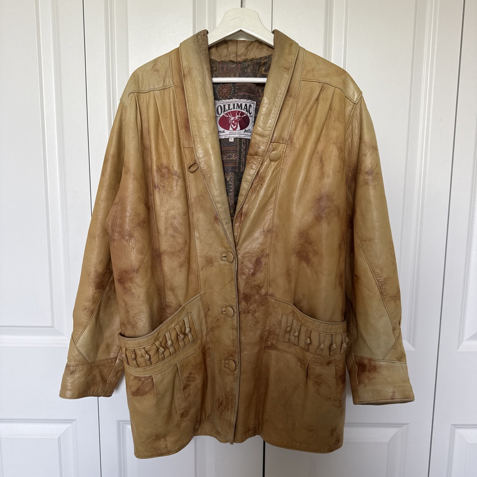 Vintage 70s/80s Tan Leather Jacket Sz S Oversized Ruched Shoulders Knot Details