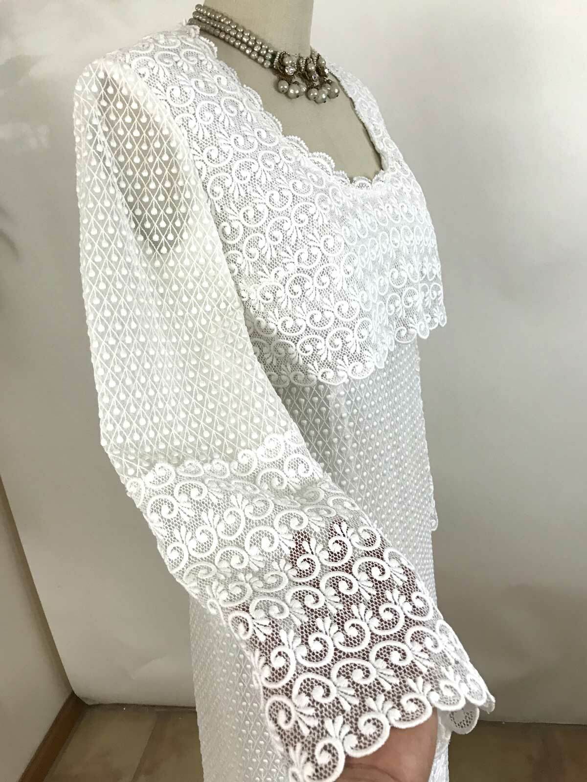 Vtg 70s CALDERON White Lace Wedding Dress Sheer Bell Sleeve Romantic Boho sz 6