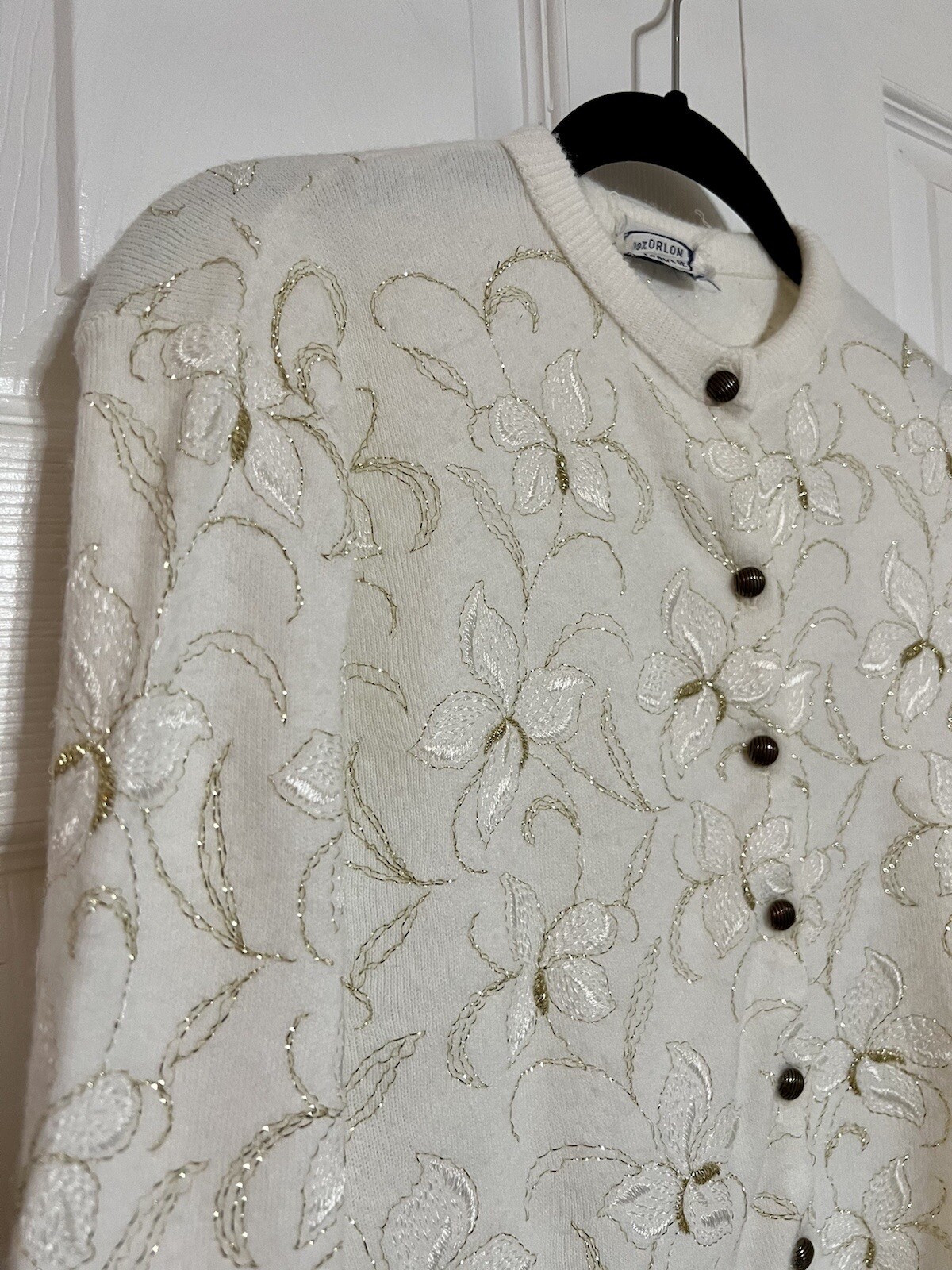 Vintage 1960s Orlon Acrylic Cardigan Sweater M Gold Metallic Stitched Union USA