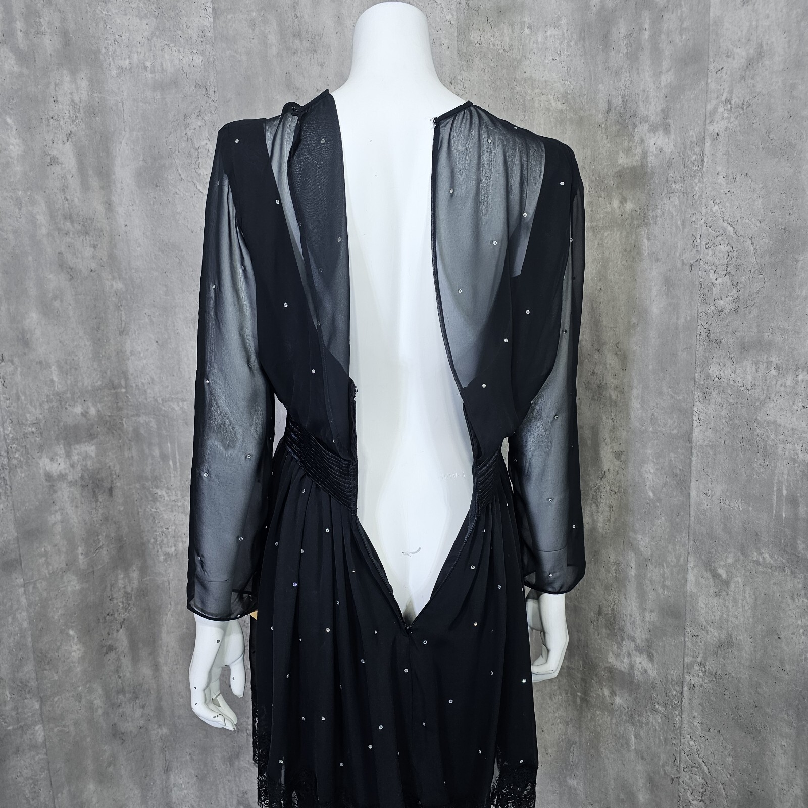 Vintage 80s Henri Bendel Liancarlo Illusion Neckline & Sleeves Black Dress Bow