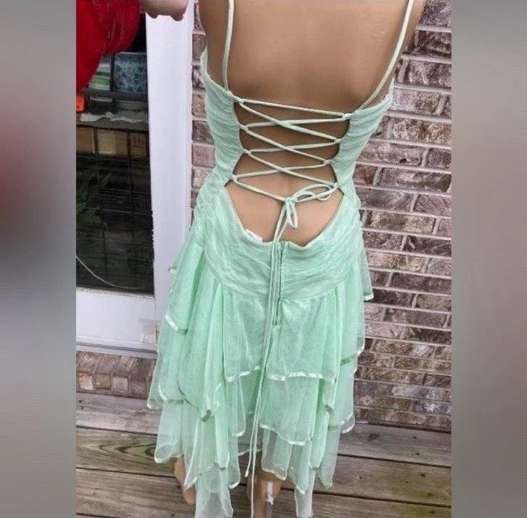 Vintage 90s Mint Green Tinkerbell Ruffle Mesh Midi Formal Fairycore Dress