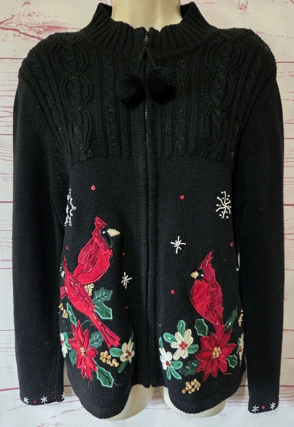 Vtg Tiara Int’l Christmas Zip Cardigan Sweater M Cardinal Snowflake Sequin Beads