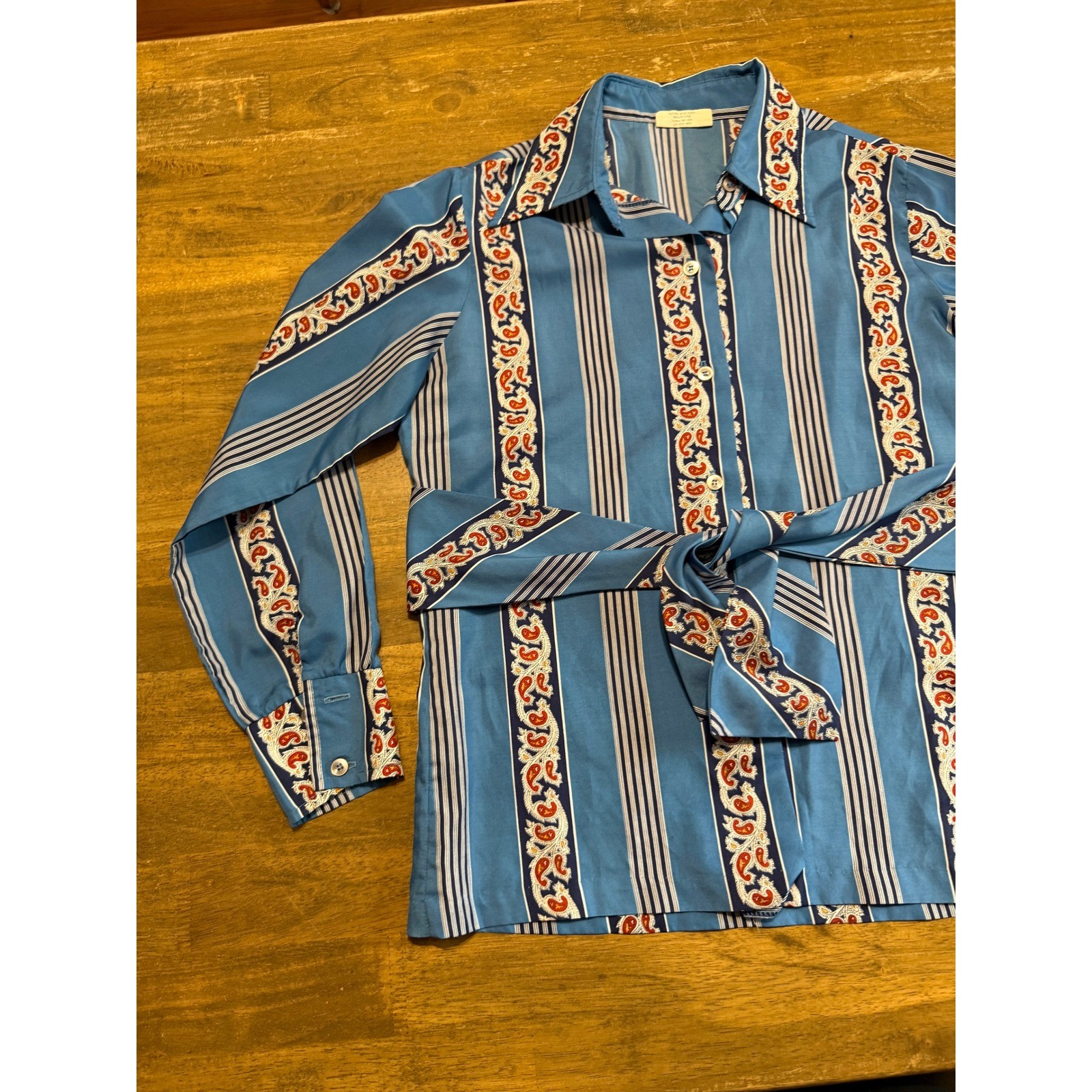 Terry Chicago Blouse Womens Medium Blue Adult Paisley Stripe Belted Excellent