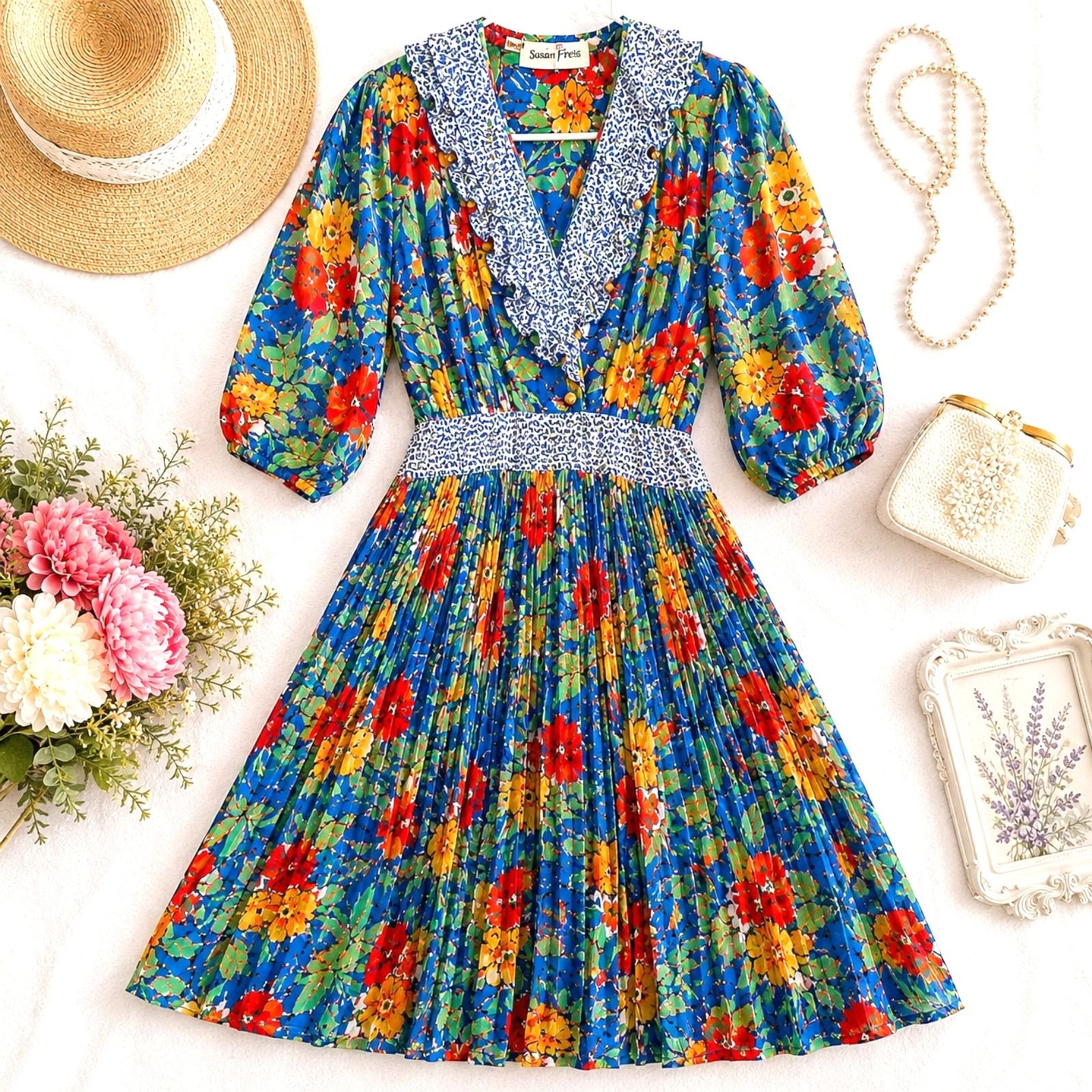 Vintage Susan Freis 1980s Bright Floral Pleated Midi Dress Size M