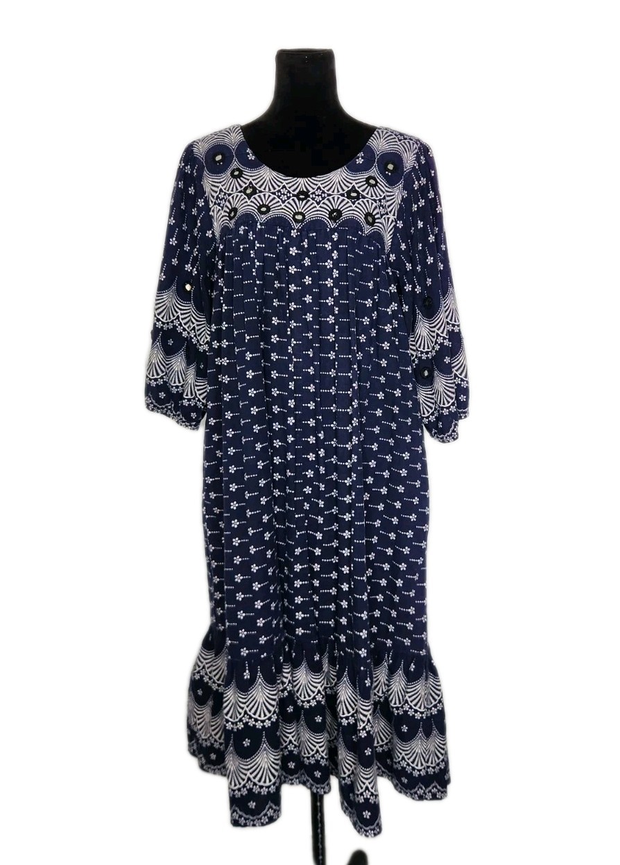 Vtg Ramona Rull Puff Sleeve Caftan Mirrored Embroidered Boho Hippie Midi Dress