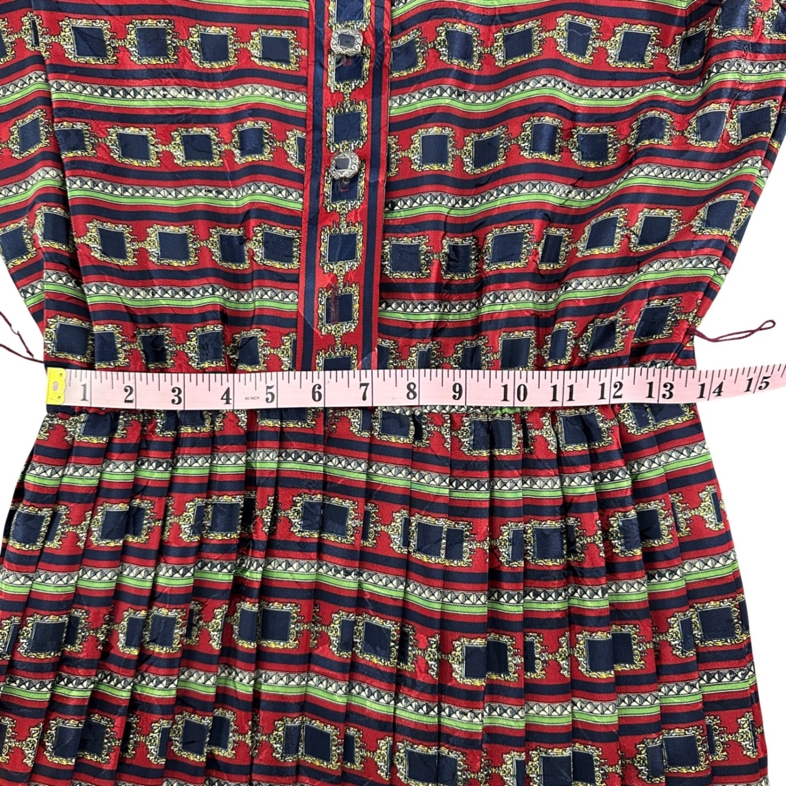Lady Carol Petites Small Vintage 80s Pleated Midi Dress Red Navy Geometric