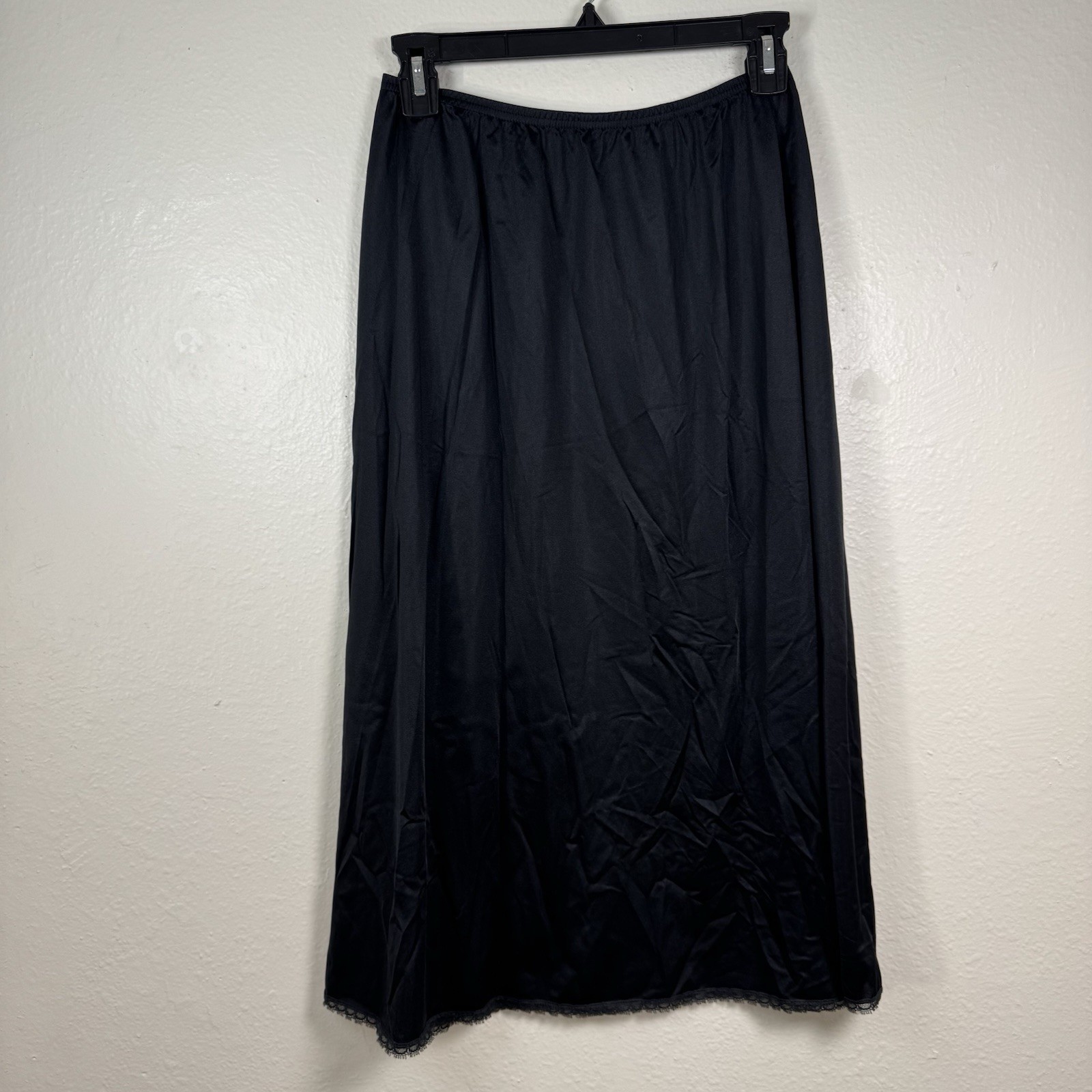 Vintage Vanity Fair Womens Black Maxi Skirt Slip Tricot Nylon Size M Lace Hem