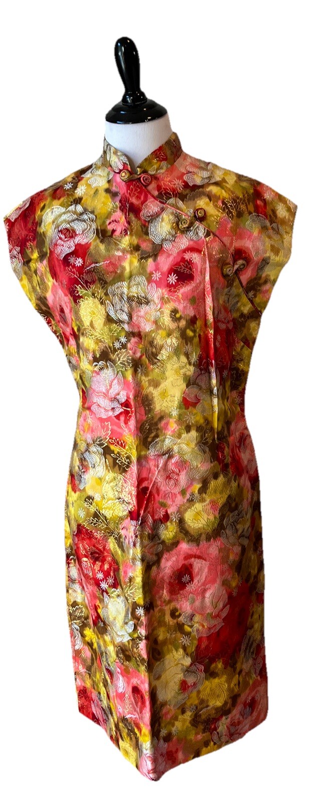 Vintage Mildreds Of Hawaii Cheongsam Dress Size M/L 🍒🍒 50s 60s Floral Metallic