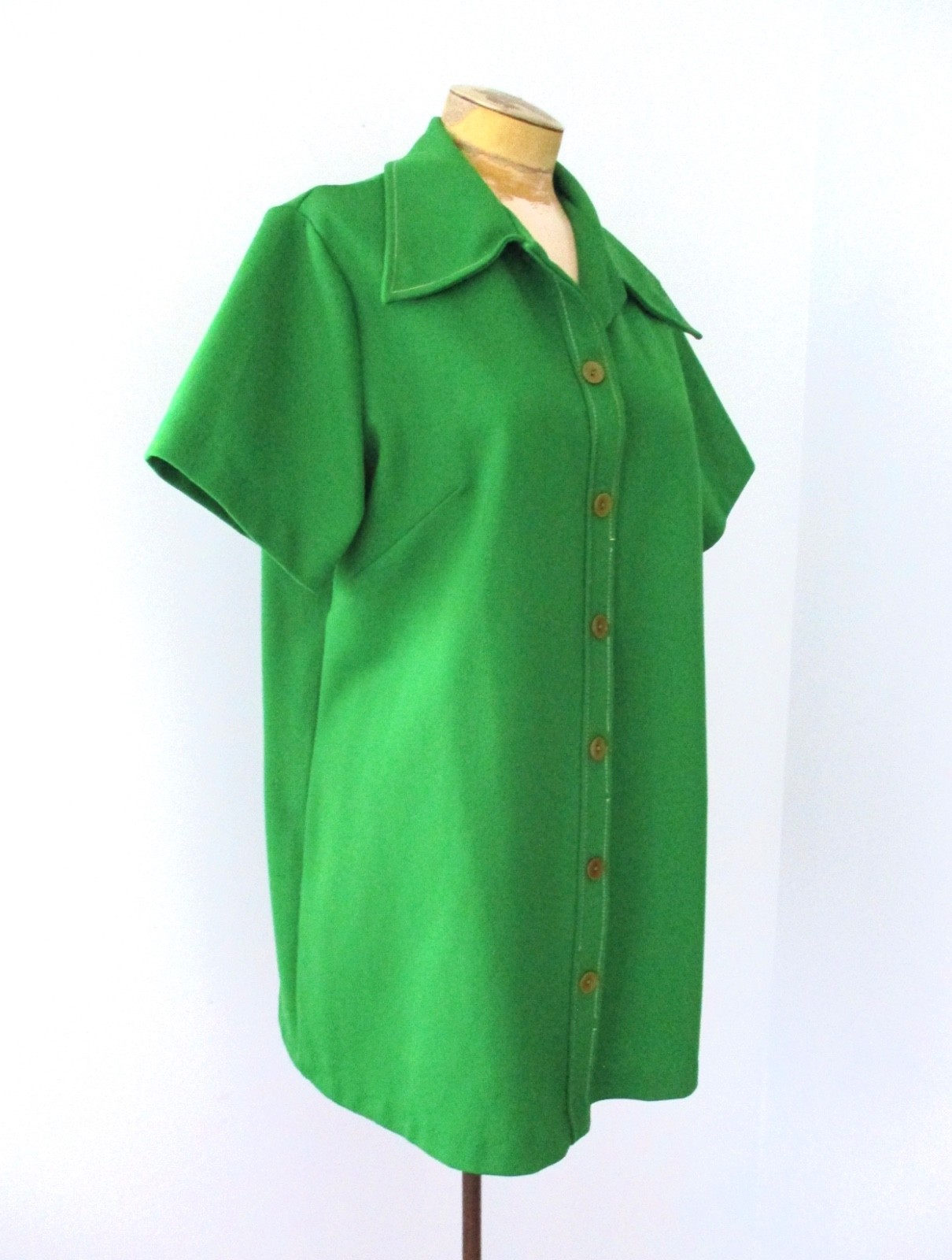 Vtg 60s 70s Green Poly Knit Button Blouse Top Dagger Collar Larger Size XL/2XL