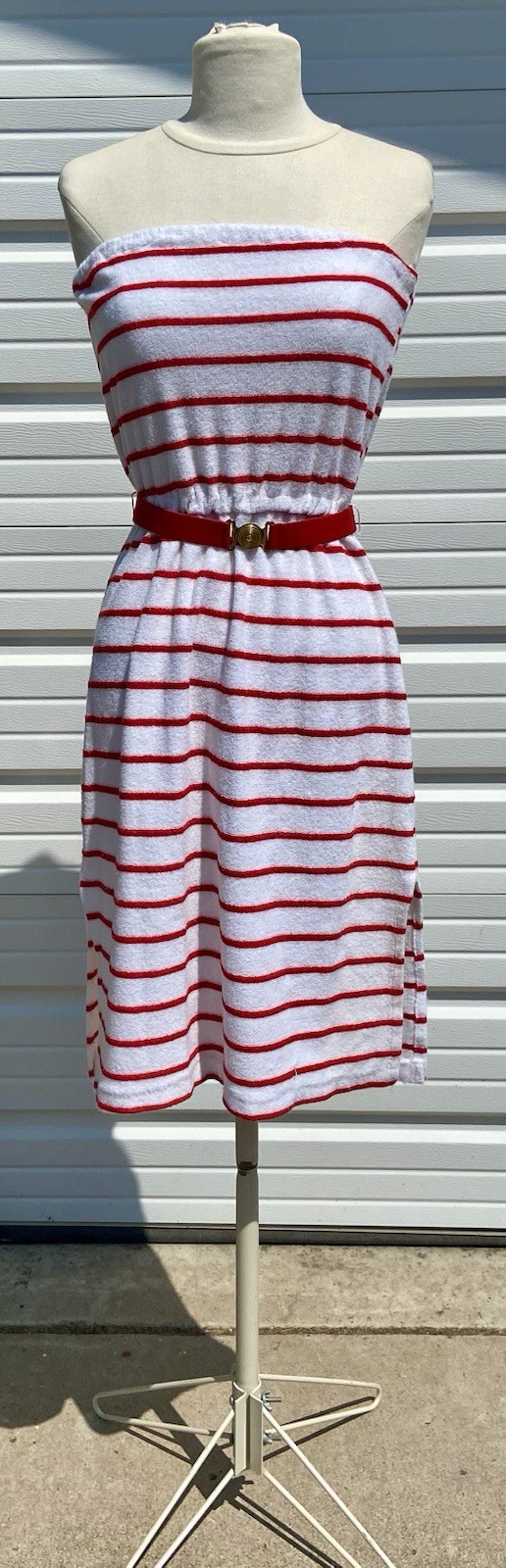 Vintage Auth 70’s Strapless Terry Cloth Tube Top Striped Red White Belt Dress