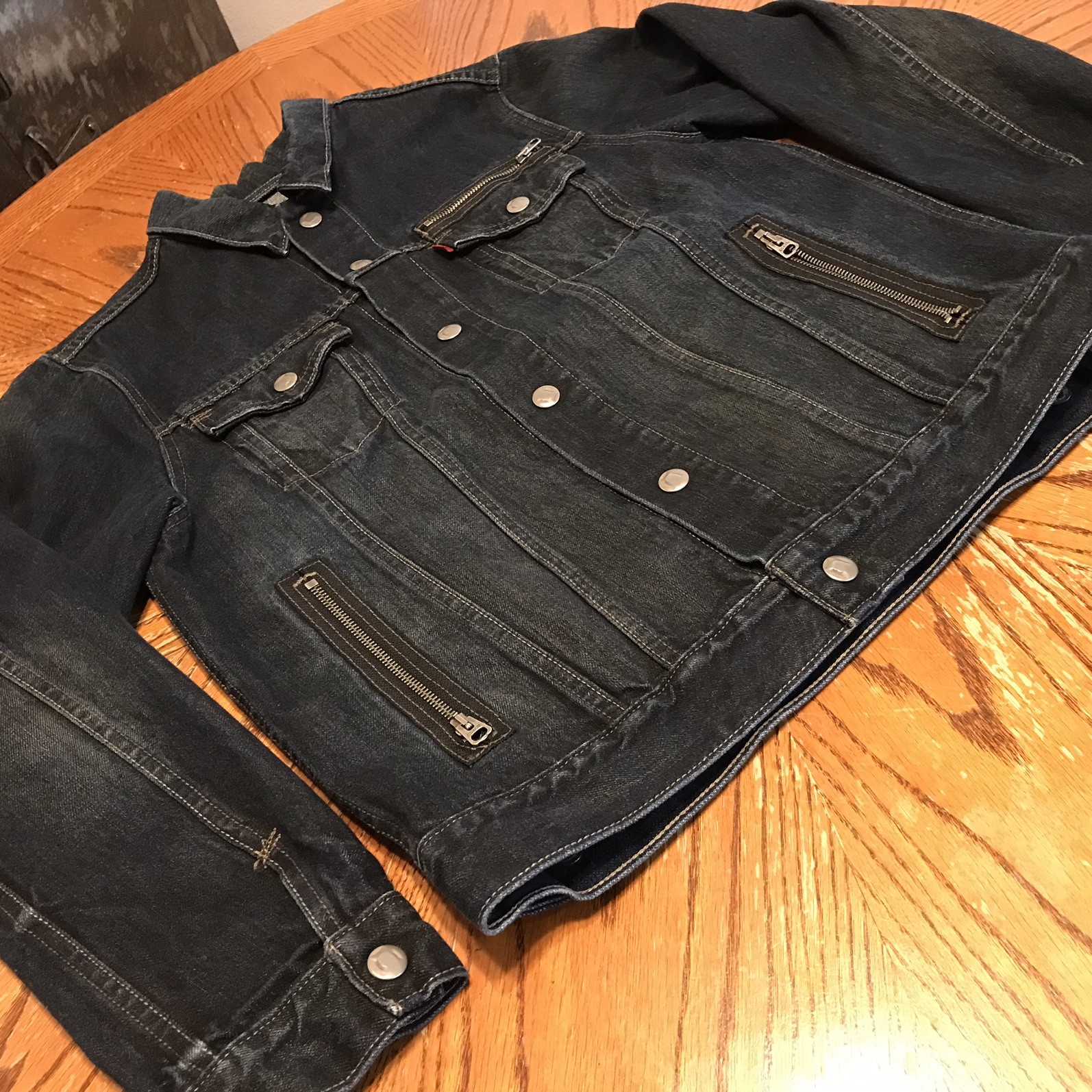 LEVIS Jean Jacket Moto Style Trucker #57540 Denim Zipper Rare Snaps Vintage XL