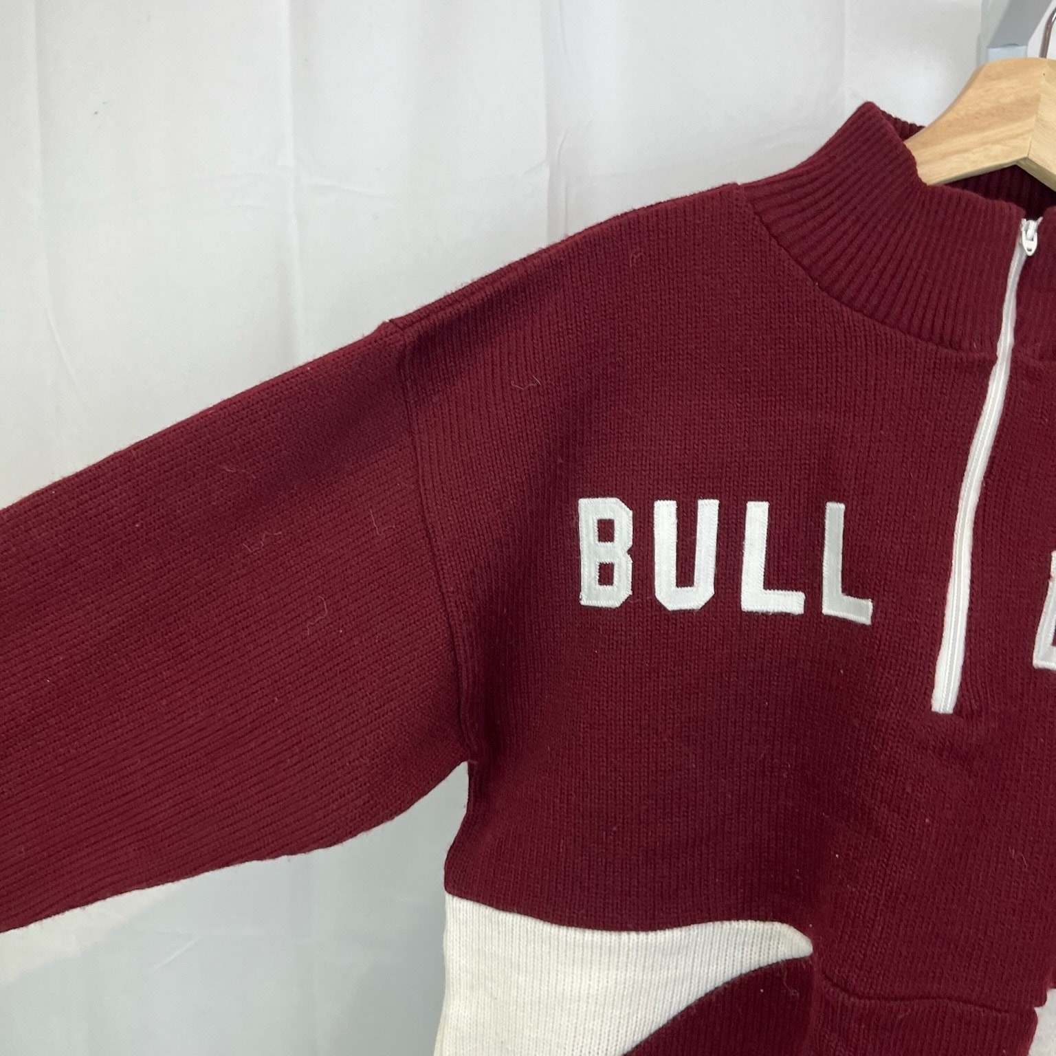 BRISTOL 38 M Vintage Official Award Sweater Prep Bulldogs Zip Neck Maroon White