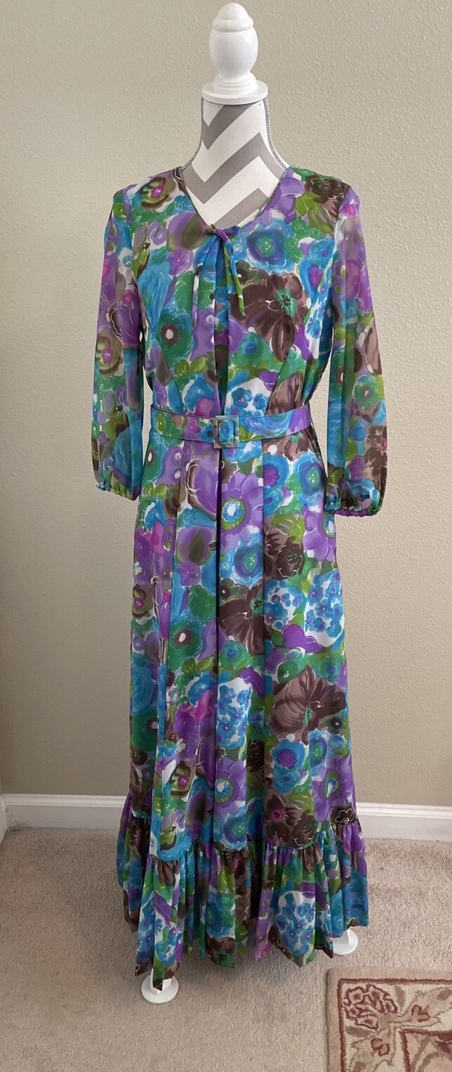 Vintage Floral Gown Blue Green Watercolor Chiffon Dress 60s 70s Size: XS S