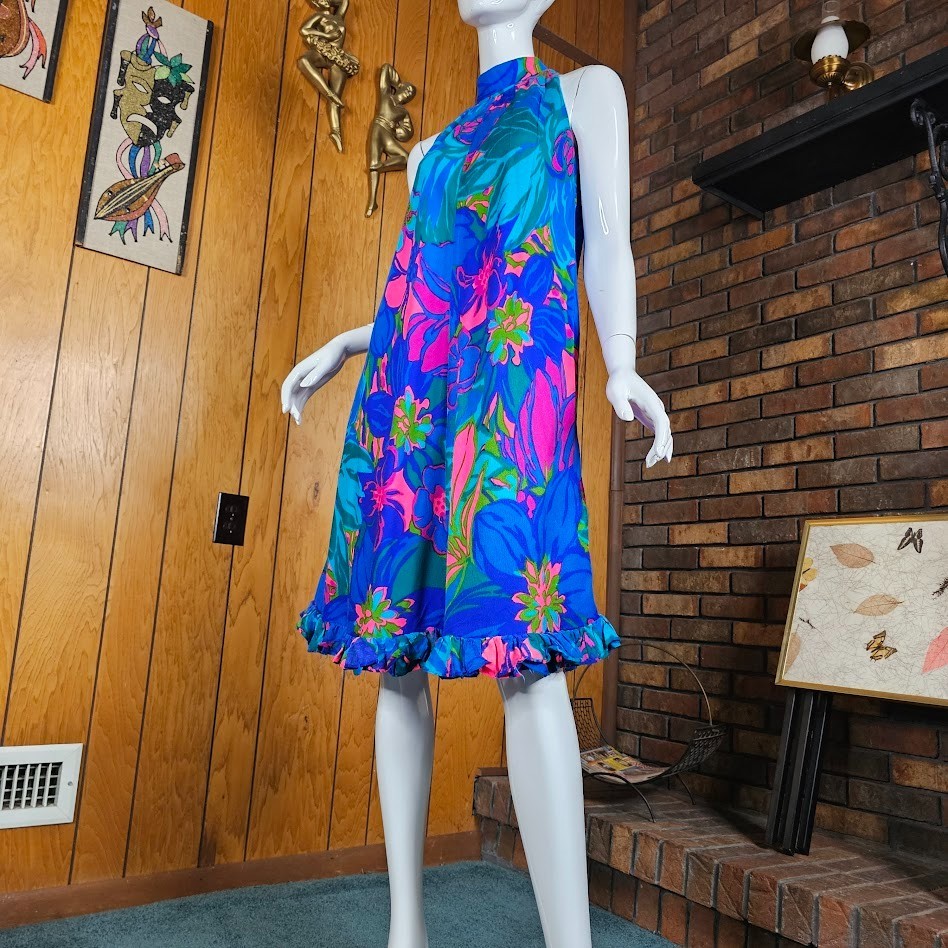 Vtg 60s Mid Mod Hawaiian Dolly Neon Barkcloth Trapeze Babydoll Party Dress M/L