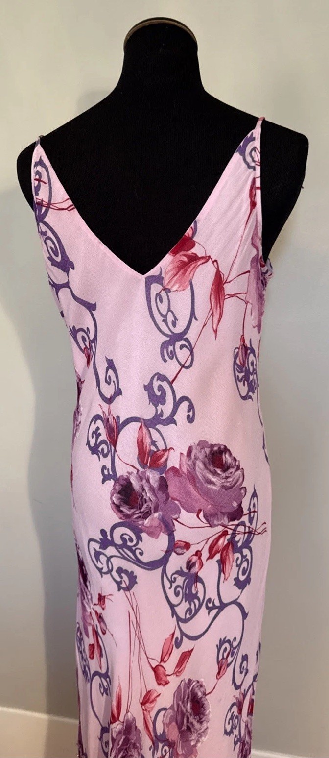 Vintage Y2K Floral Slip Dress Bias Cut Cowl Neckline Beading Best Fit M