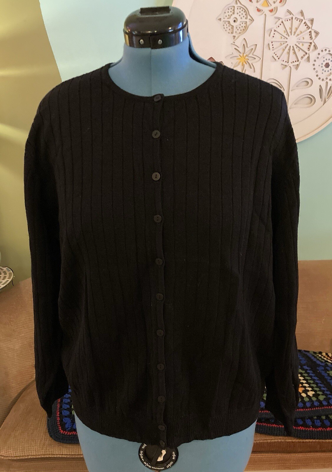 Vintage Jeanne Pierre Black 100% Merino Wool Cardigan Sweater Sz 1x