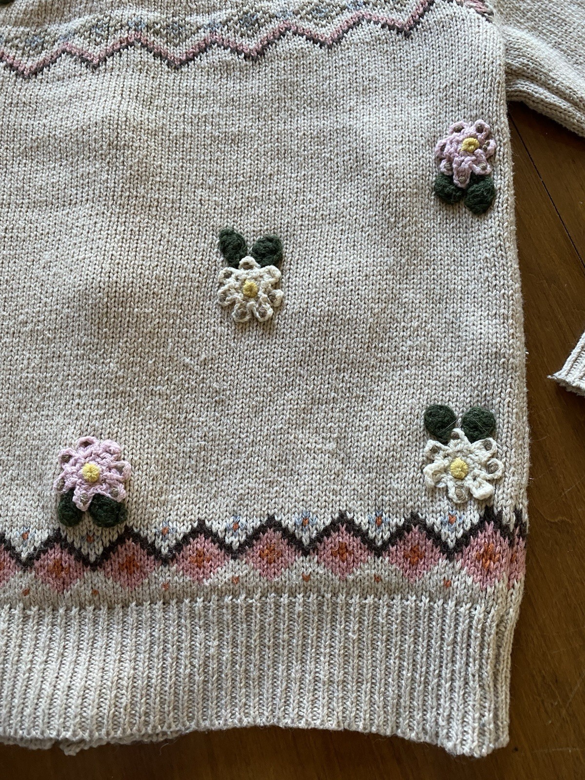 Cardigan Sweater Vintage Knitted Floral Off White Cream Color