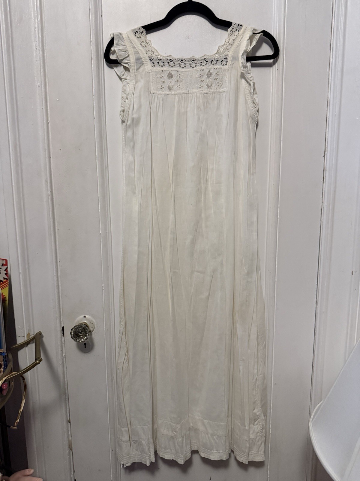 Antique 1910s Edwardian White Cotton Chemise Nightshirt Floral Embroidery Eyelet