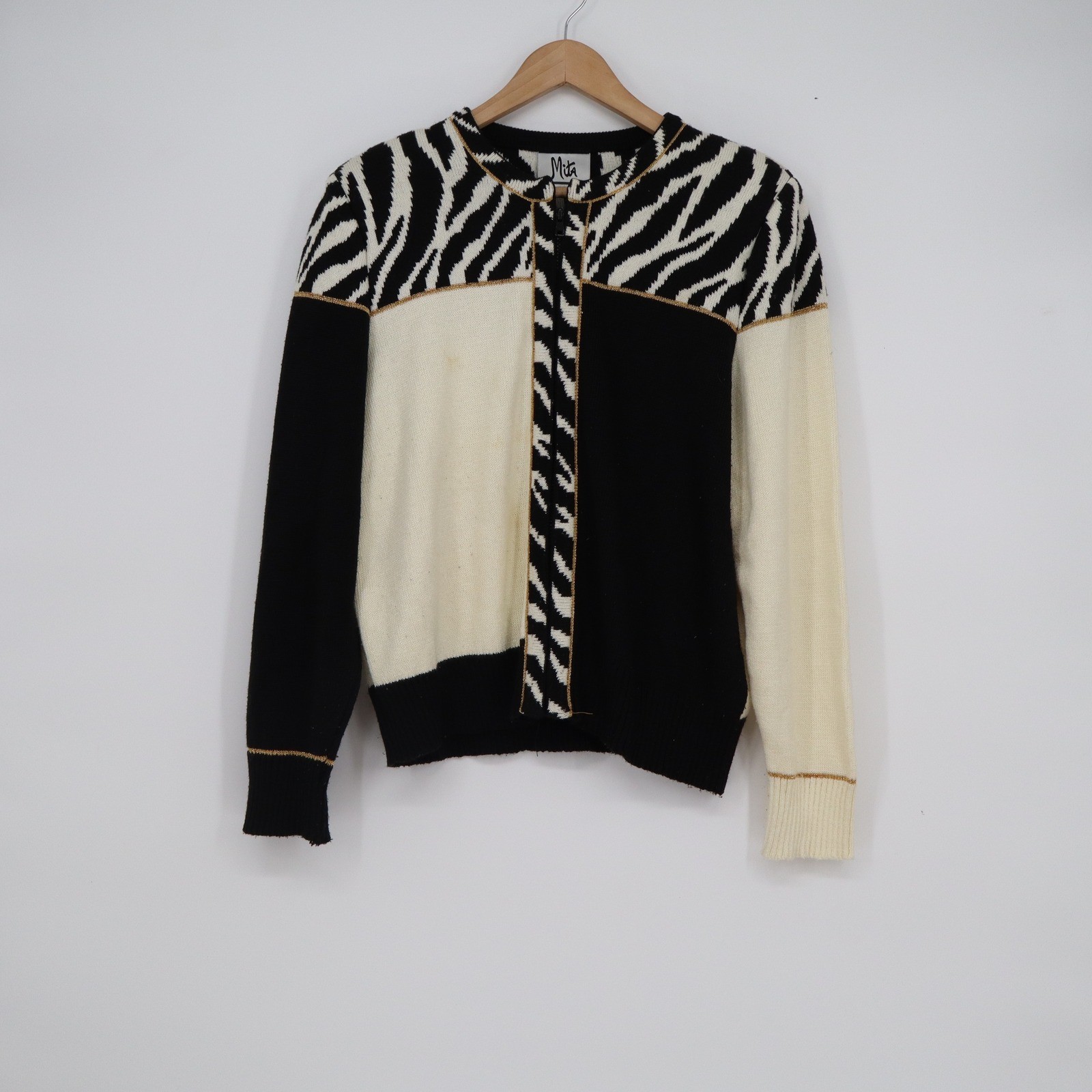 Vintage Mita Zebra Colorblock Zip Cardigan Sweater Gold Trim Black Cream Size 14