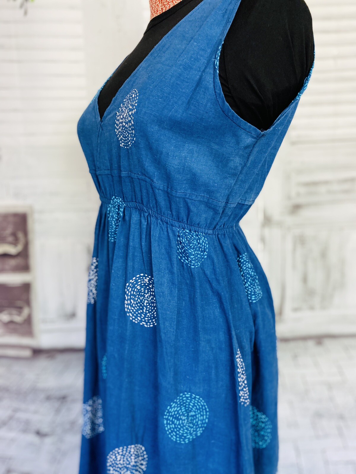 HANDMADE INDIGO KANTHA/SASHIKO EMBROIDERY GEOMETRIC MAXI DRESS SKILLED ARTISANS