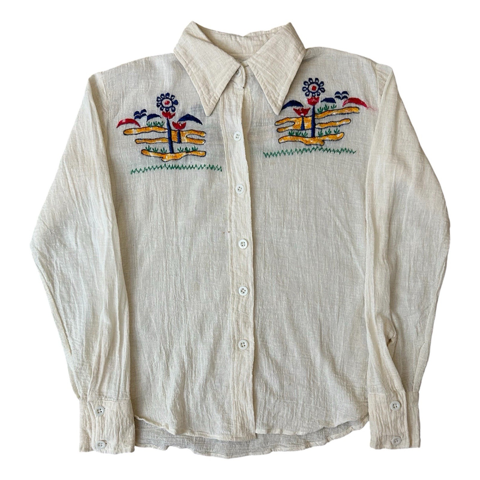VTG 1970s Scenic Floral Embroidered White Gauze Cotton Button Up Womens Sz L