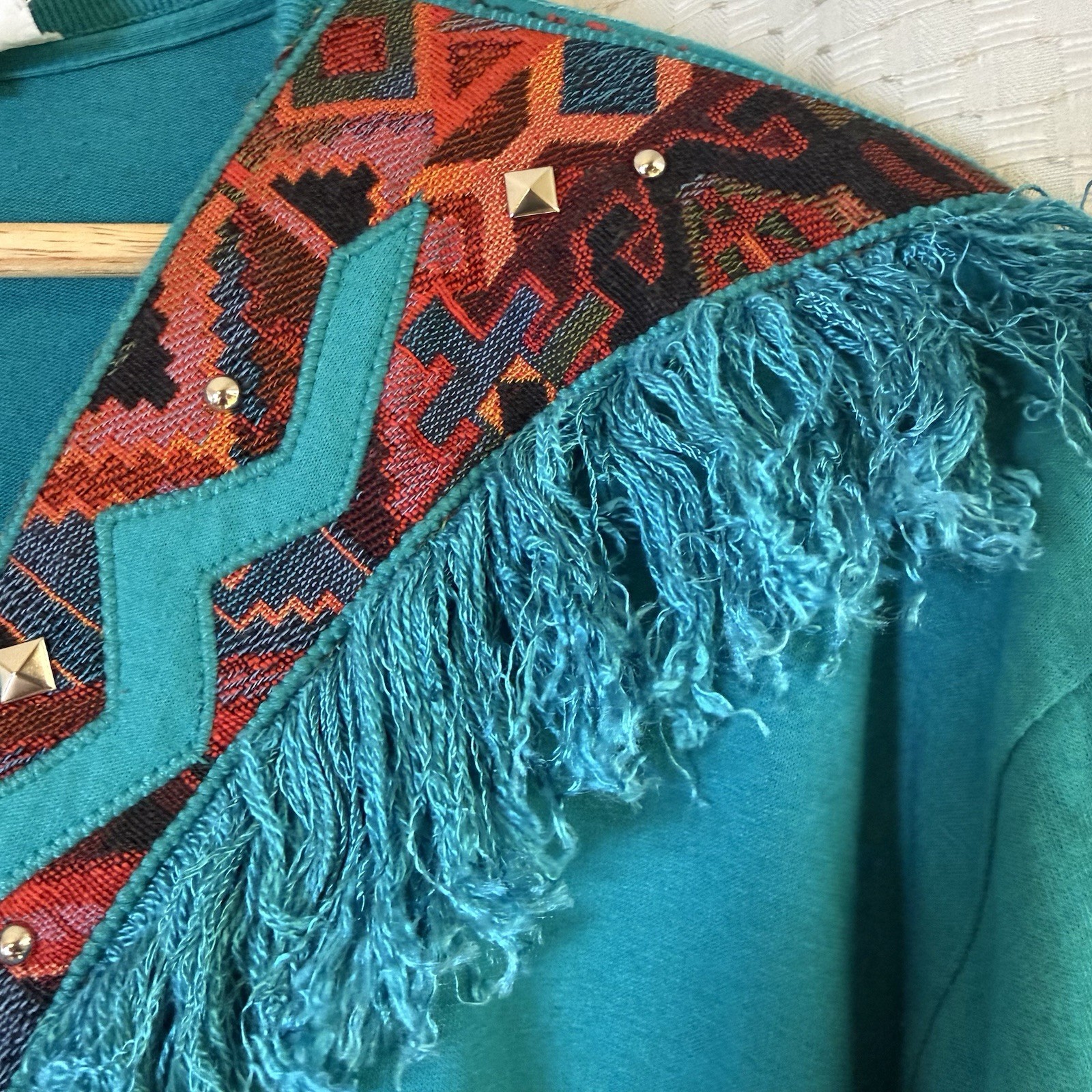 Vintage 80’s USA Joanie W Southwestern Fringe Turquoise Cowgirl Studded L Shirt