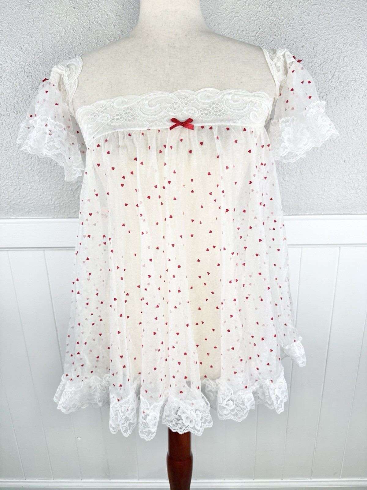 Vtg Nightgown Babydoll Sheer Hearts Lace Bow Mesh Nightie Fits Sz Small Lolita