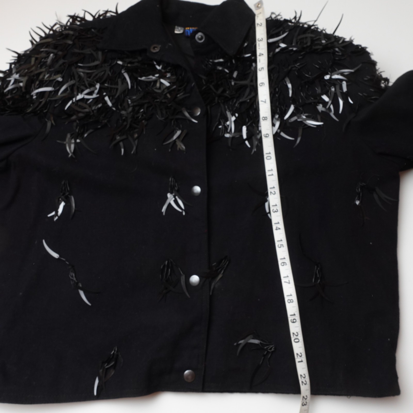 Vintage Modi Denim Feather Sequin Jacket Women Size Large Black Beaded Fringe