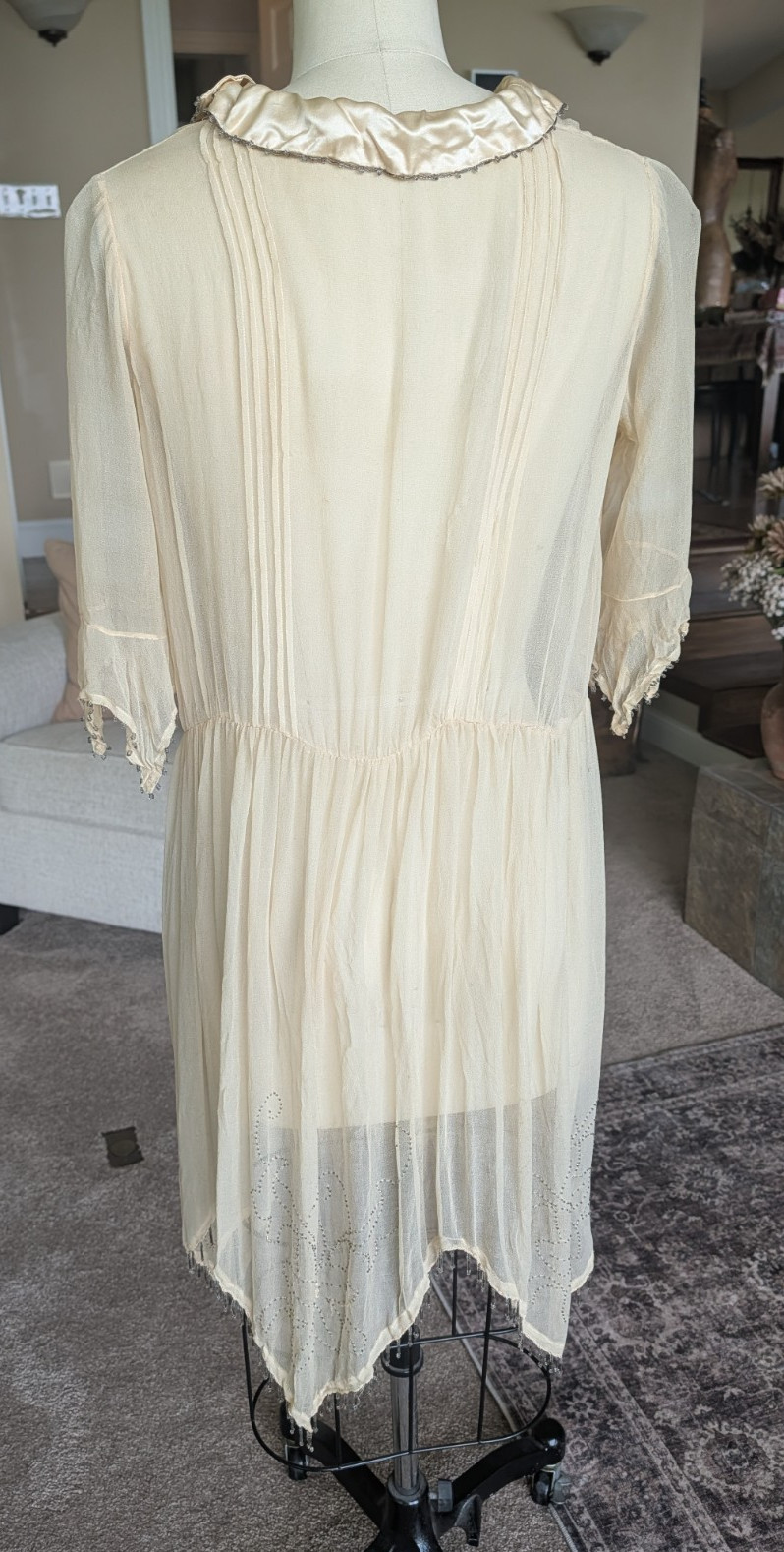 Antique 1920s silk beaded sheer dress beige flapper 40″ bust bead trim