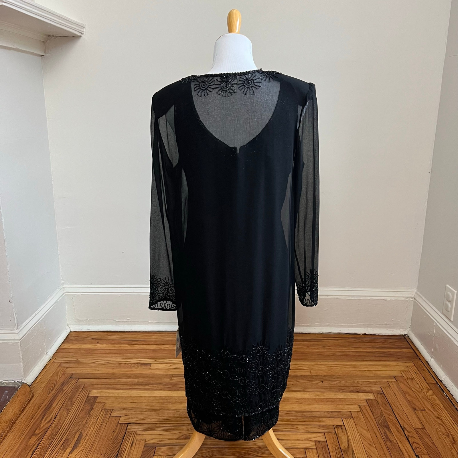 Vintage 90s NWT JKara Black Beaded Cocktail Dress and Sheer Embellished Jacket 8